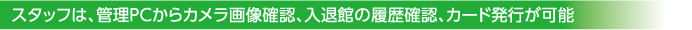スタッフは、管理PCからカメラ画像確認、入退館の履歴確認、カード発行が可能